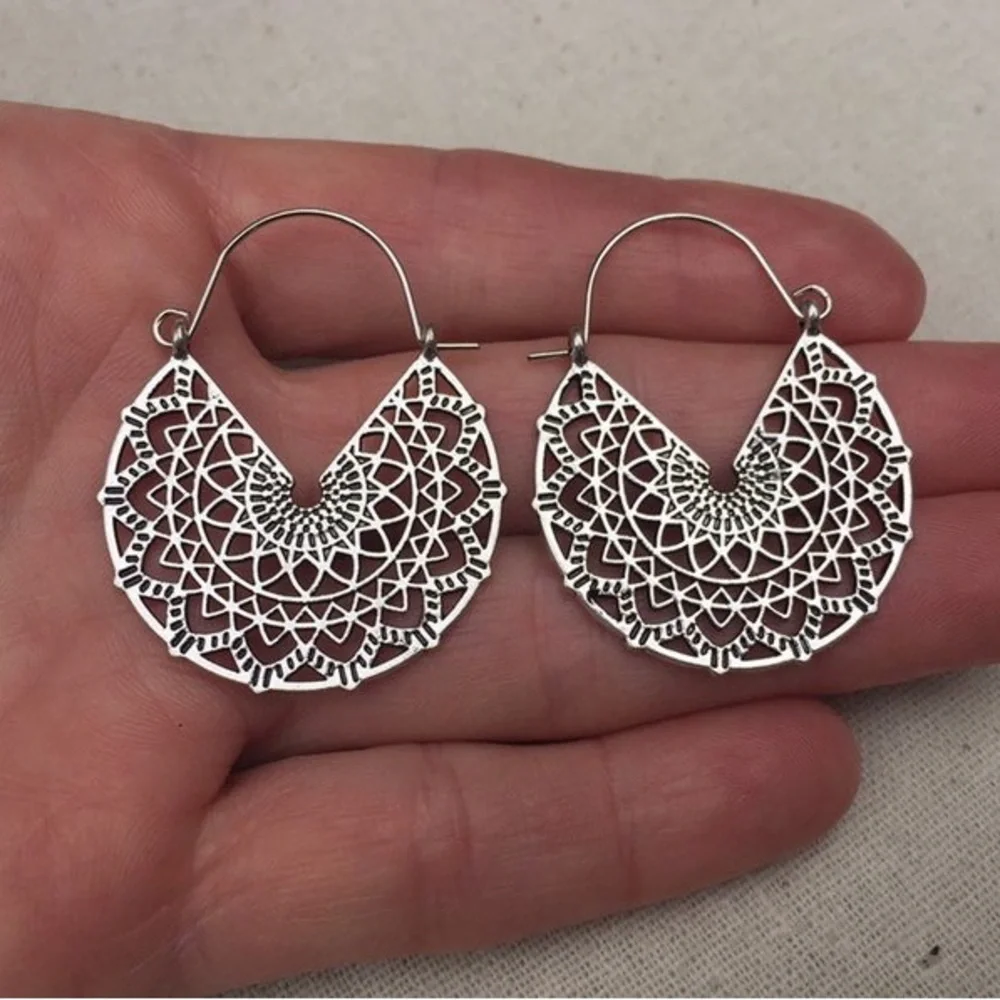 New Bohemian Mandala Minimalist Cut Out Hypoallergenic Silver Hoop Earrings